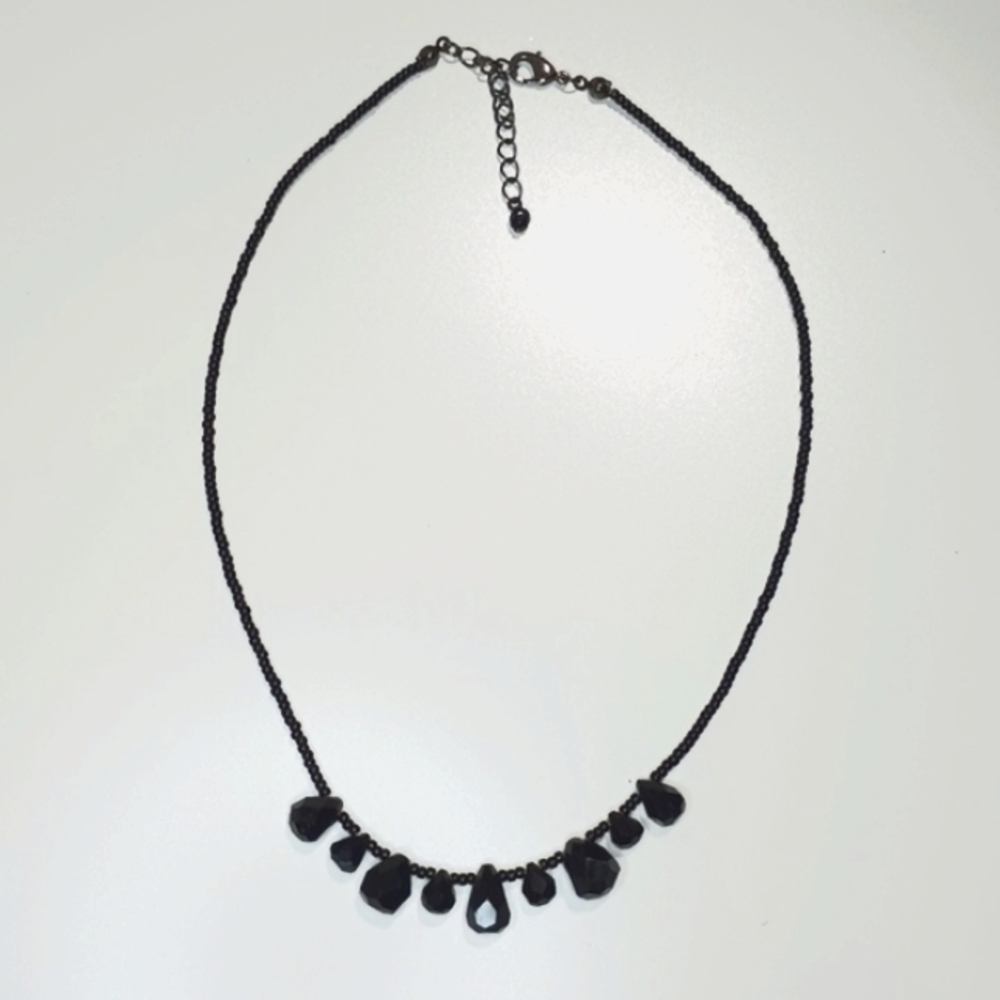 Handmade Black Onyx Faceted Glass Necklace, 16"- 18"